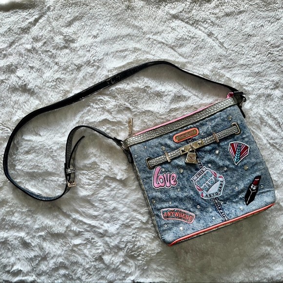 Nicole Lee Athena Patch Print Crossbody Handbag Denim Patches Rhinestones - Picture 9 of 11